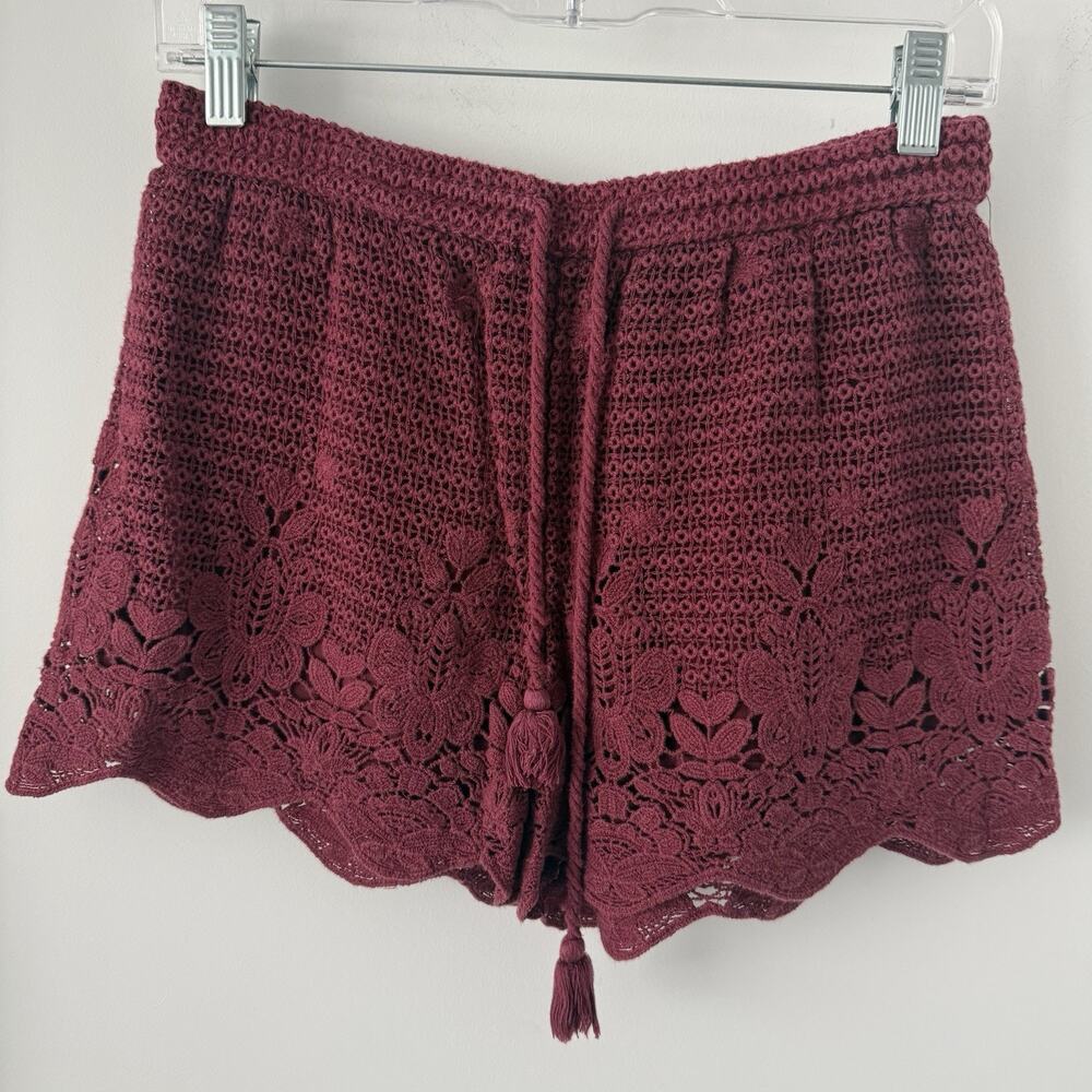 Abercrombie & Fitch Crochet Lace Drawstring Shorts Maroon Boho Size Small